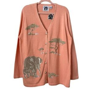Vintage Storybook Knits Cardigan‎ Womens 1X Safari Elephant Embroidered Sweater